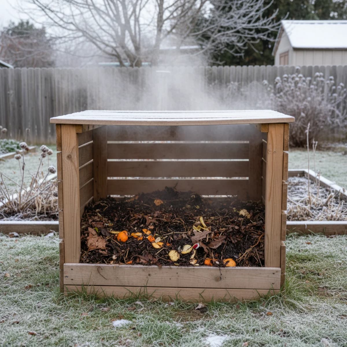 A steaming compost bin with visible layers of kitchen scraps and brown material on a cold winter morning
