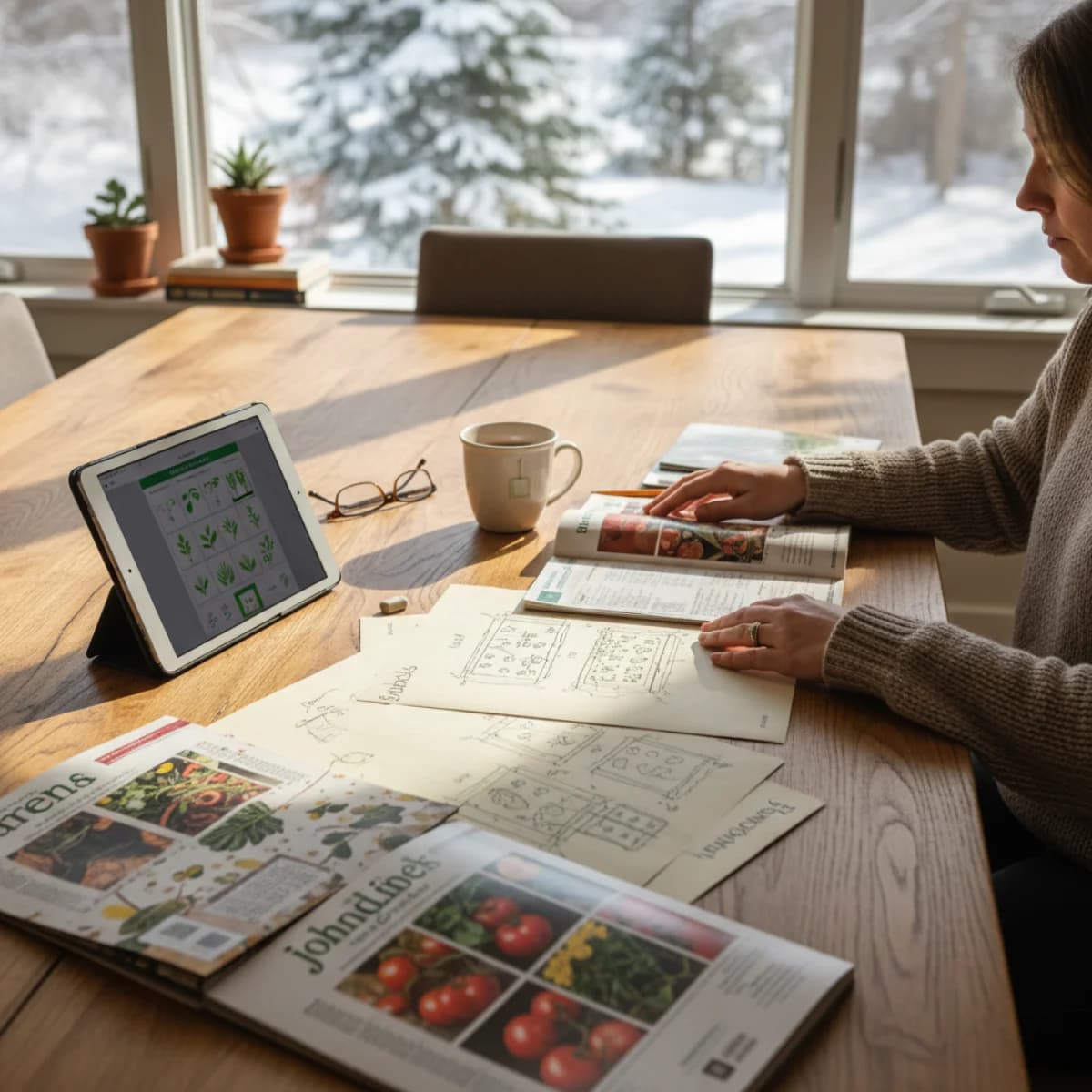 Person reviewing garden design plans at a kitchen table with seed catalogs and notebooks in winter
