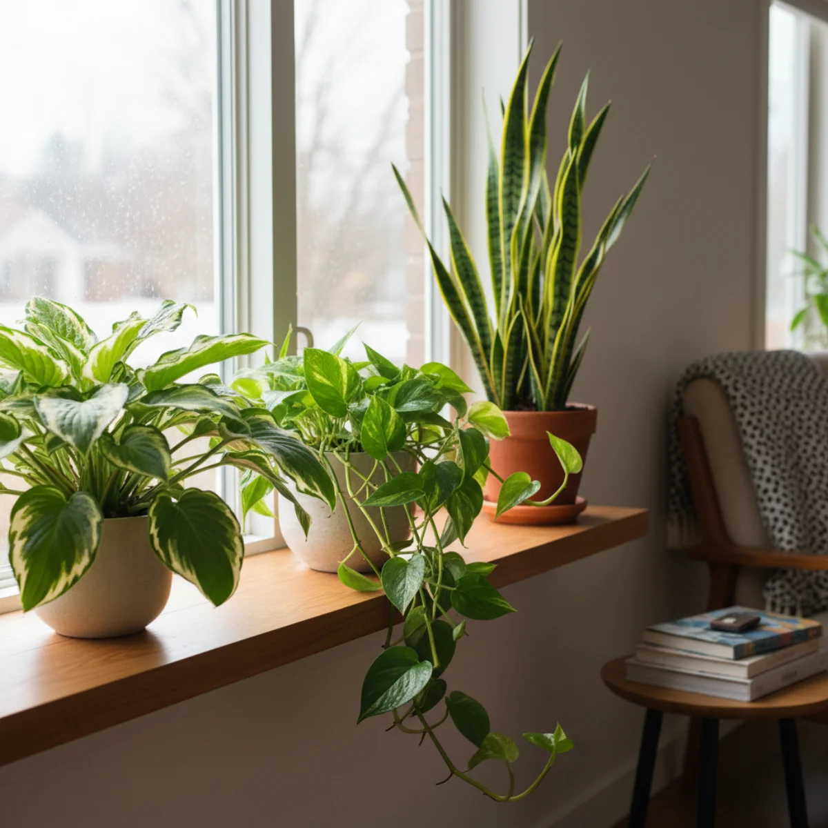 A collection of lush green houseplants arranged on a windowsill in soft, diffused winter light