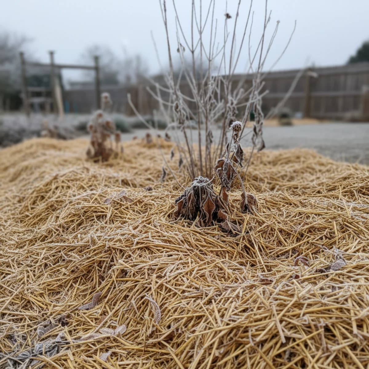 Garden bed with a deep layer of straw mulch protecting perennial crowns in a winter landscape