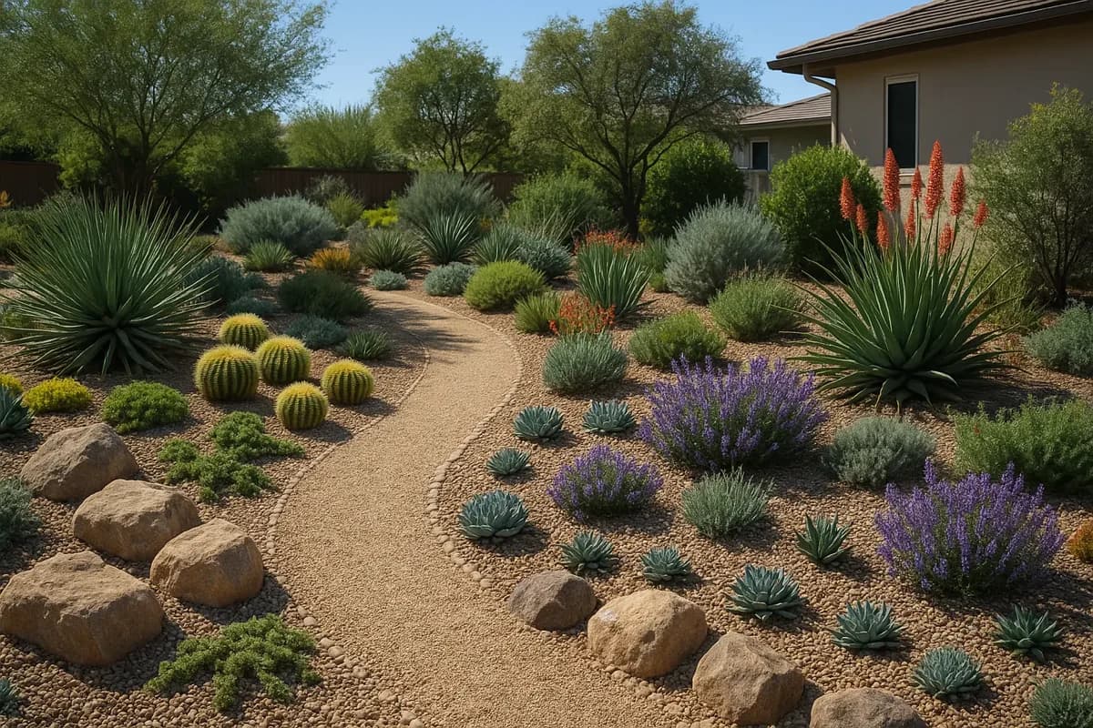 A beautiful drought-resistant garden featuring heat-loving plants in full summer bloom